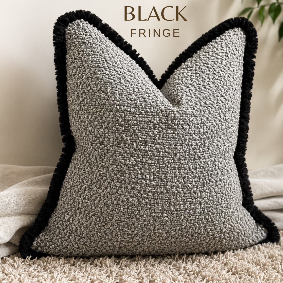 GREY TEXTURED BOUCLE  | Fringed Cushion