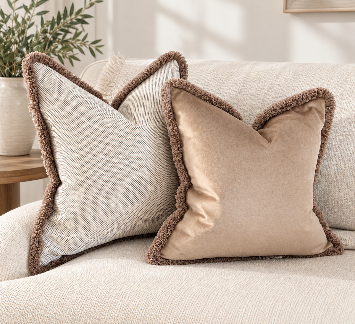 ATHENA | Textured Beige Fringed Cushion