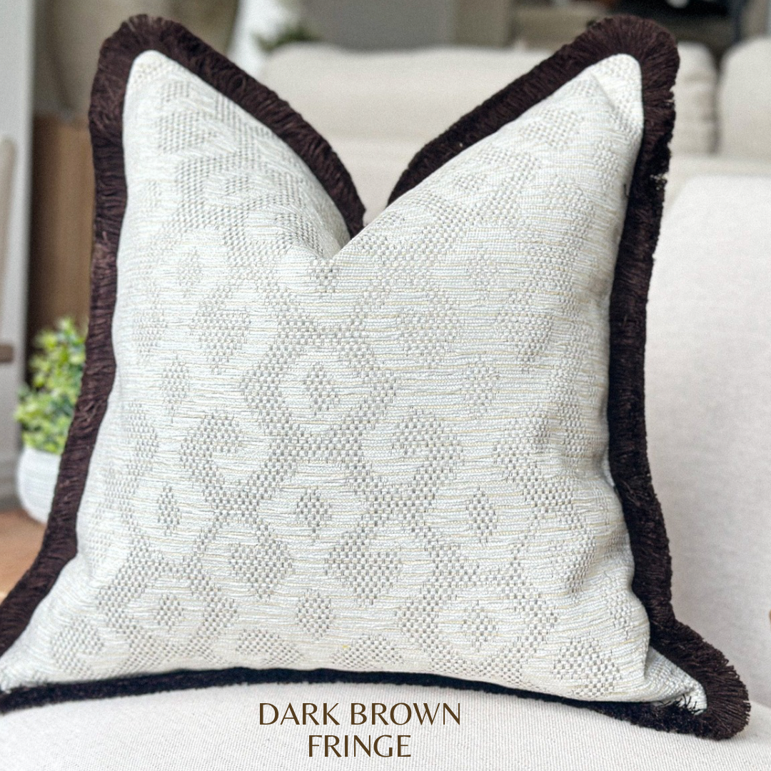 BELLA | Ivory Patterned Cushion - Fringed & Piped