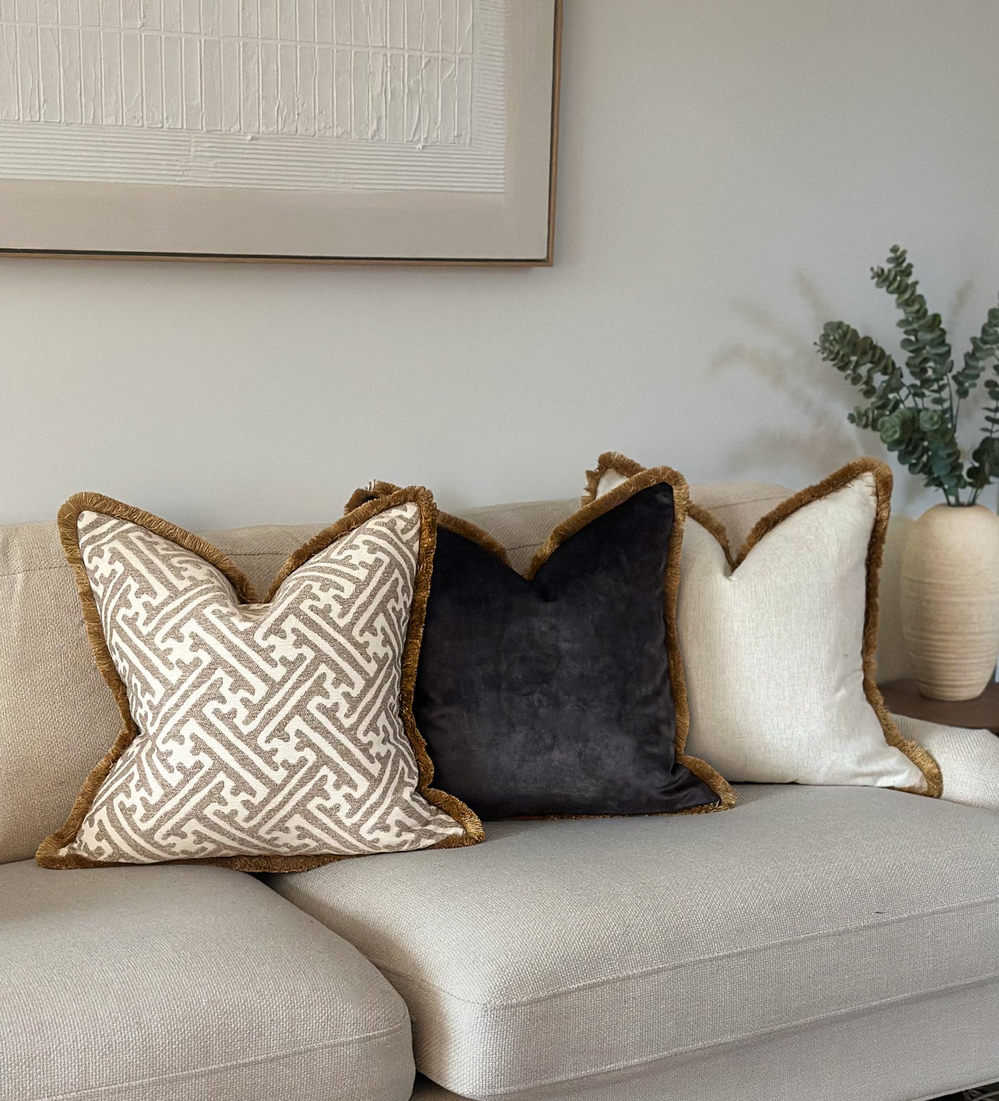 LUXURY CHARCOAL | Velvet Cushion - Fringed & Piped