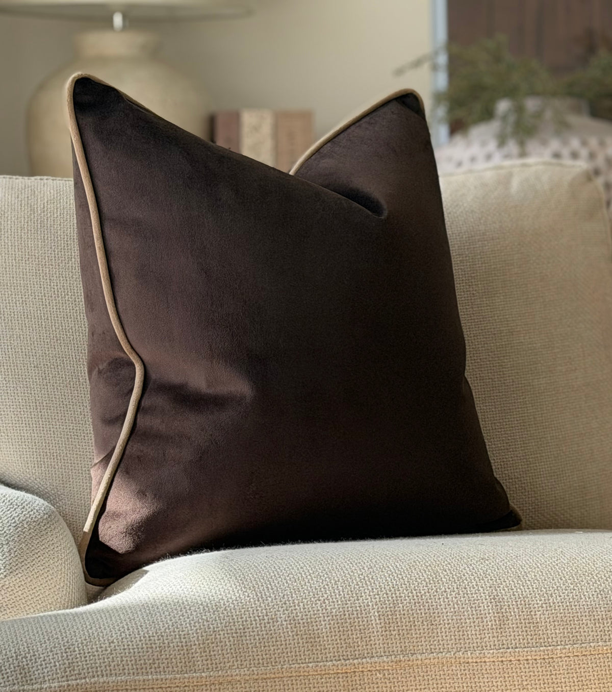 A luxury dark brown velvet cushion.