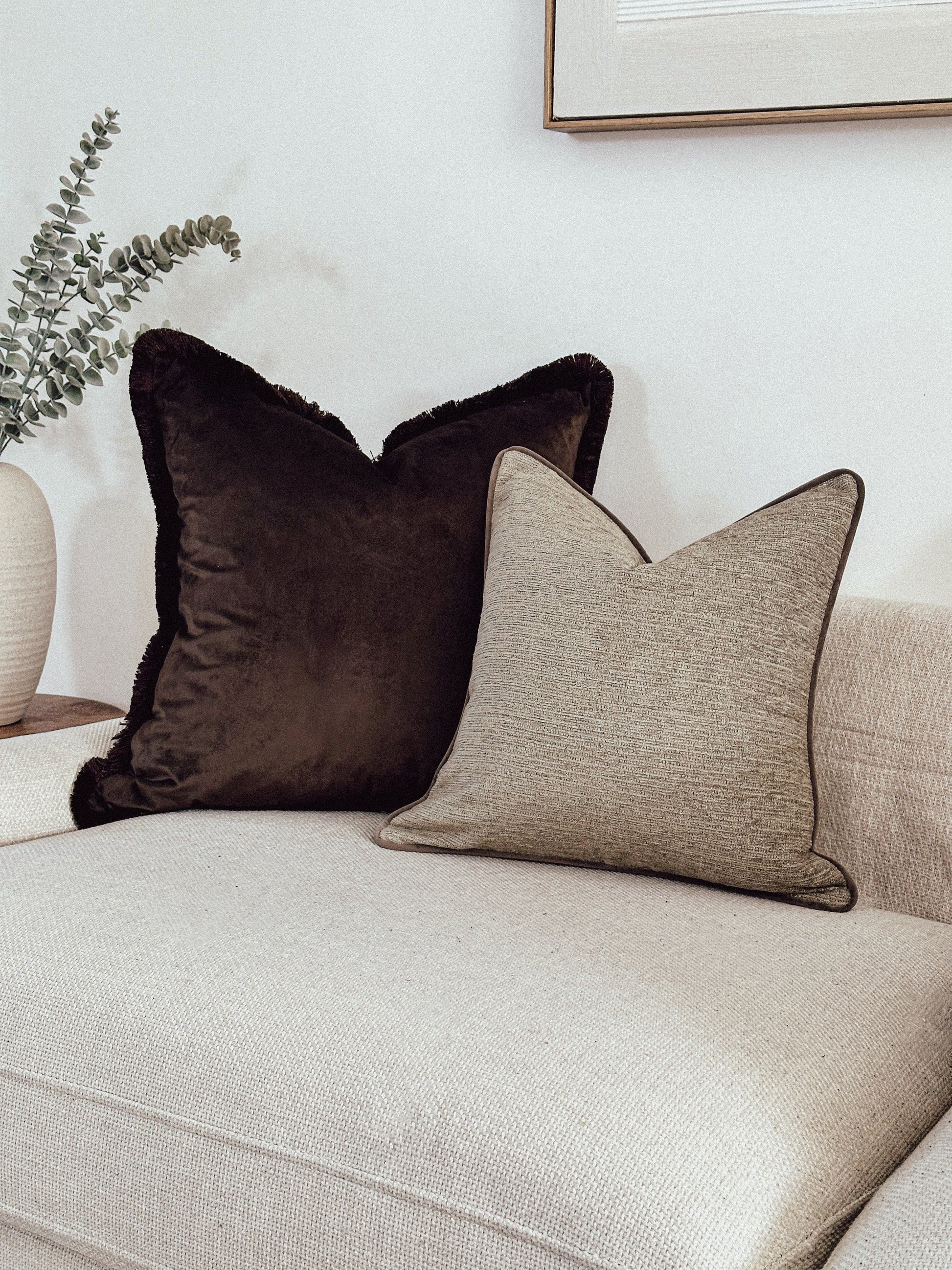 Dark chocolate brown velvet Fringed cushion and a textured beige pillow with piping trim.