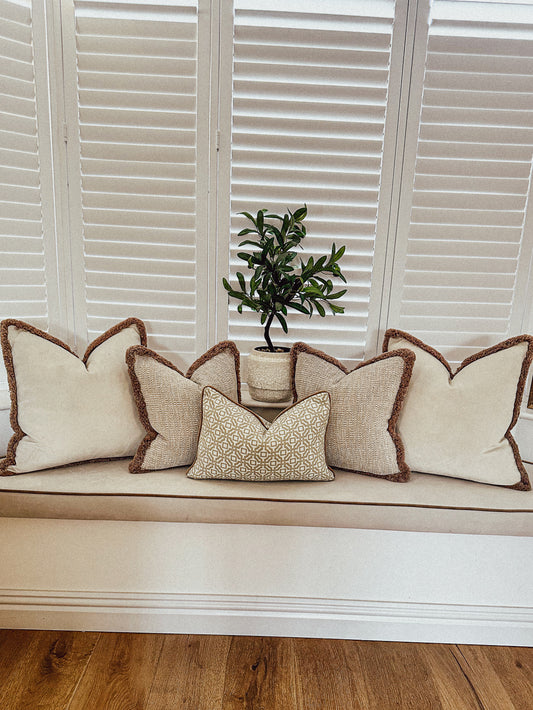Luxury neutral cushion set, includes 2 ivory velvet cushions and 2 textured beige  with beige fringe and a geometric rectangle.