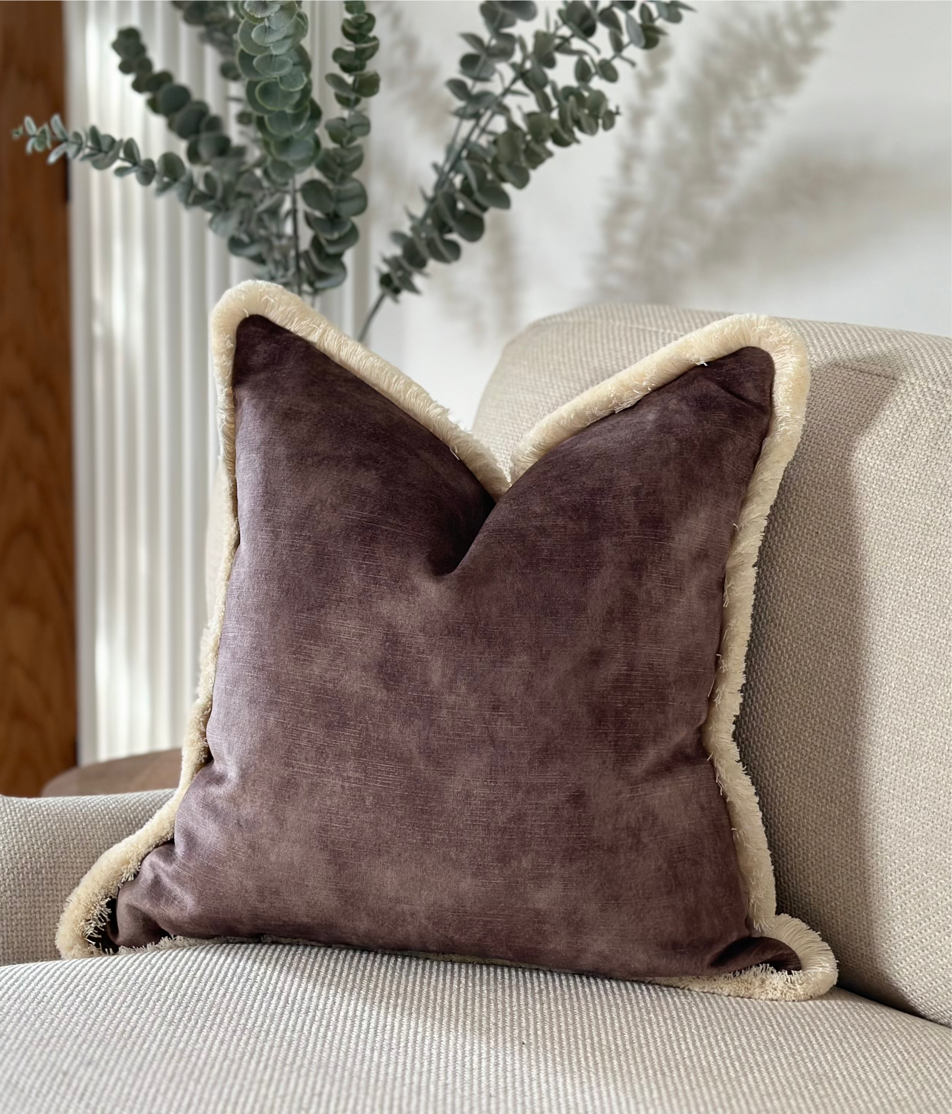 Velvet Pillow Designer Throw Pillows With Fringe LUXURY MOCHA
