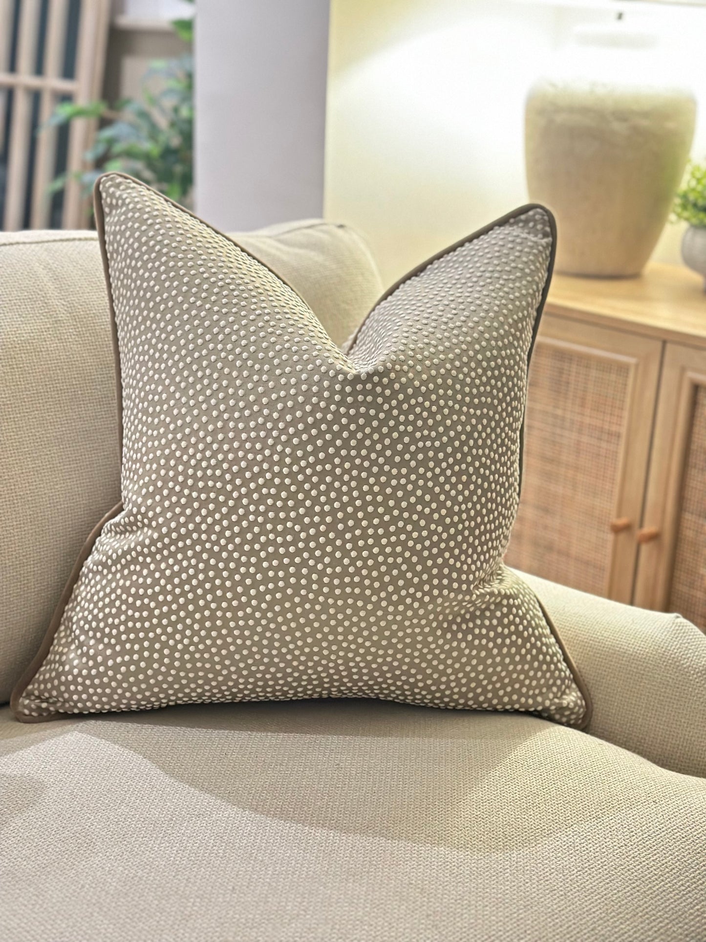 OYSTER | Taupe Satin Effect Cushion - Fringe & Piped