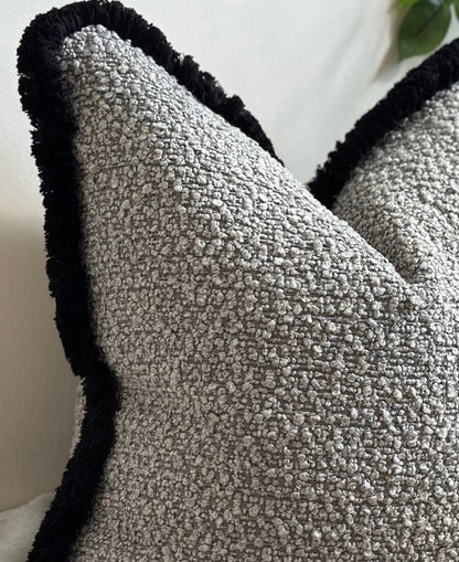 GREY TEXTURED BOUCLE  | Fringed Cushion