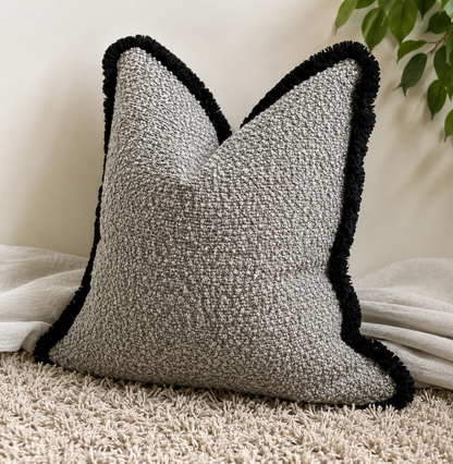 GREY TEXTURED BOUCLE  | Fringed Cushion