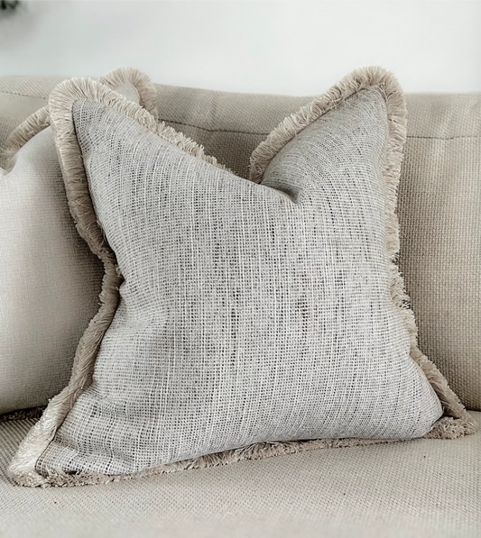 Luxury textured neutral cushion cover with fringe. Custom made bespoke cushions by the cosy cushion shop.