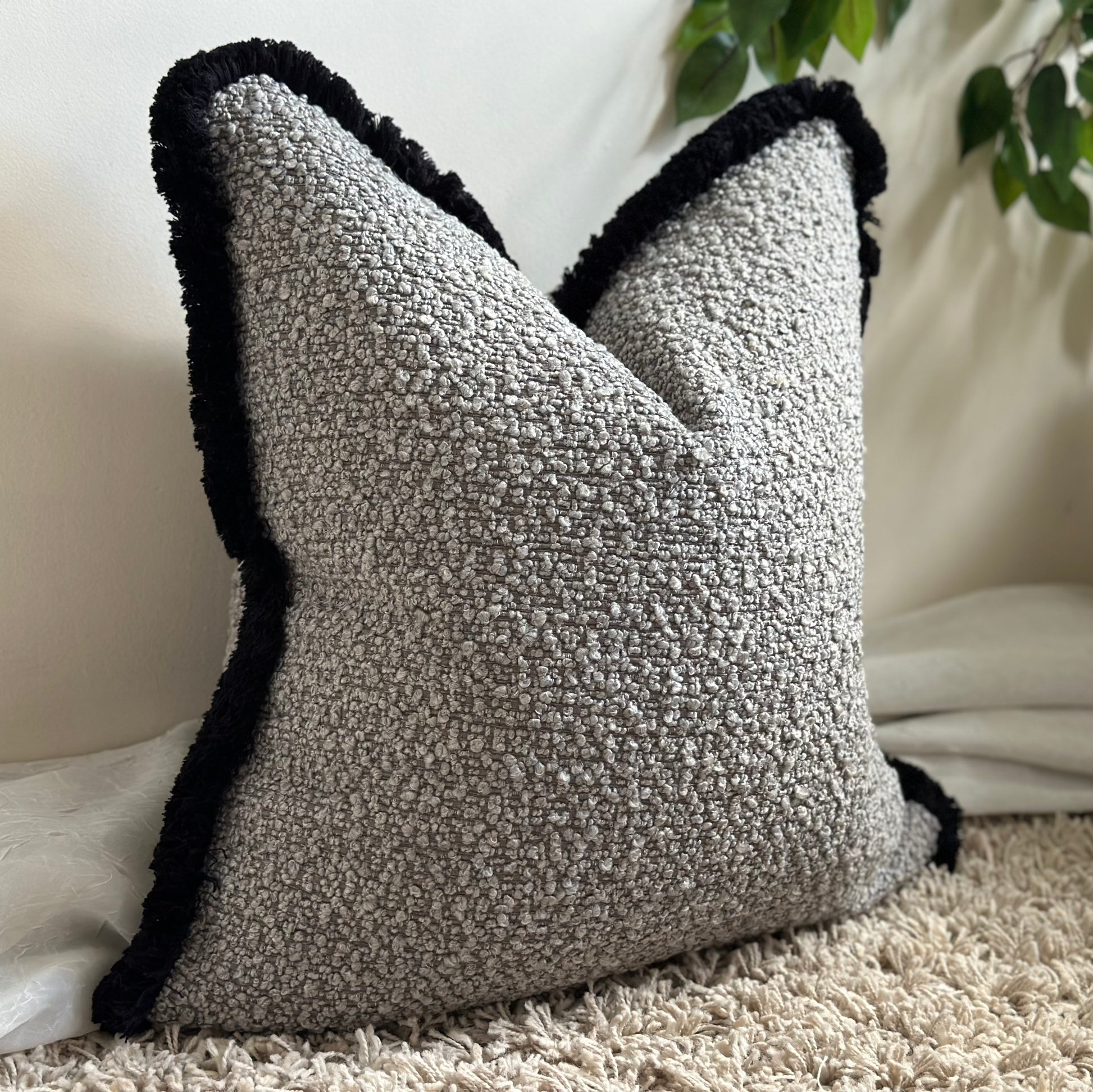 TEXTURED BOUCLE GREY Fringe or Piped Cushion