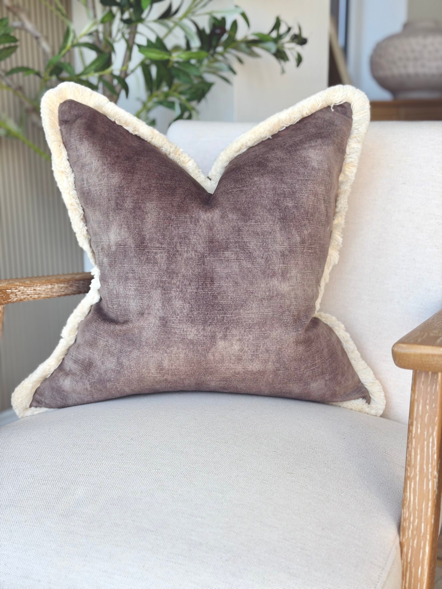 Mocha velvet - cream fringed cushion cover