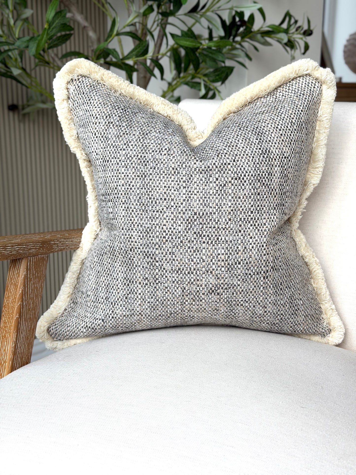 Grey textured - cream fringe Cushion Cover