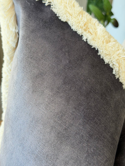 Grey velvet - cream fringe cushion cover
