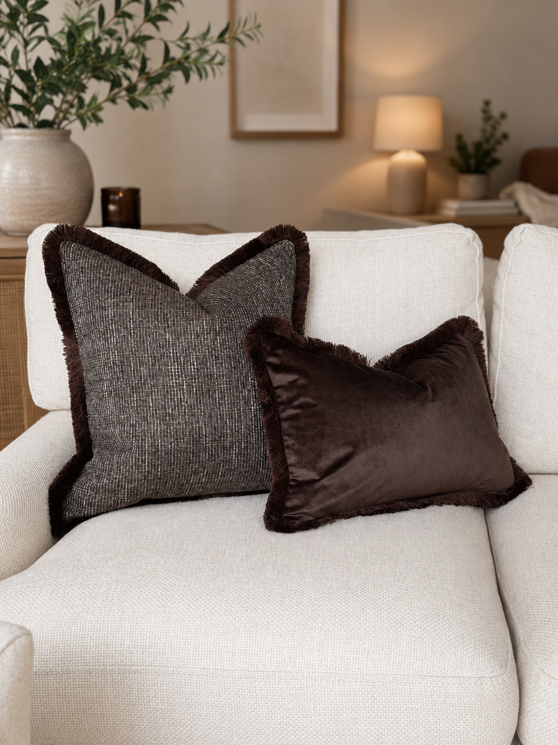 Textured Dark Chocolate Cushion | Fringed & Piped