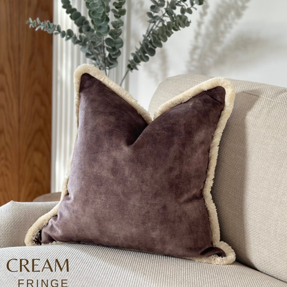 High-end Luxury velvet pillows in brown with cream fringe trim. Made from Premium upholstery quality material.