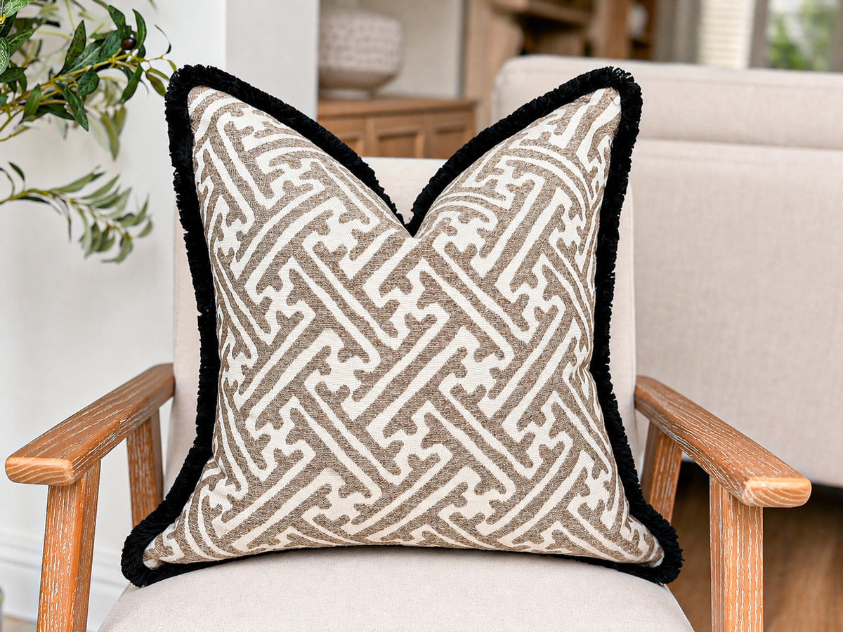 HAVANA TAUPE | Geometric Fringed Cushion
