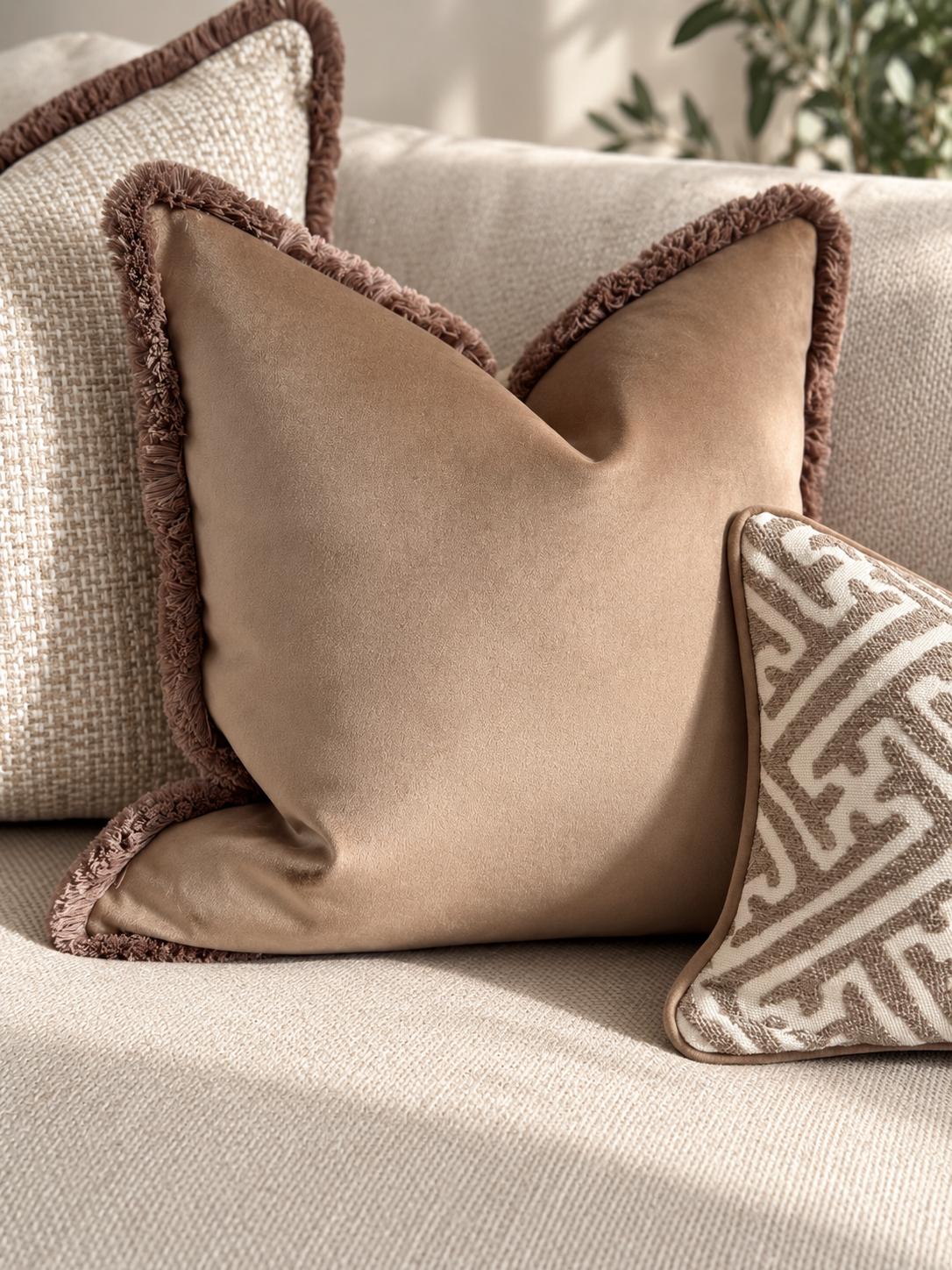 BEIGE TAUPE | Velvet Fringed Cushion