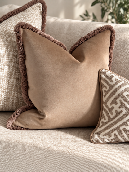 BEIGE TAUPE | Velvet Fringed Cushion