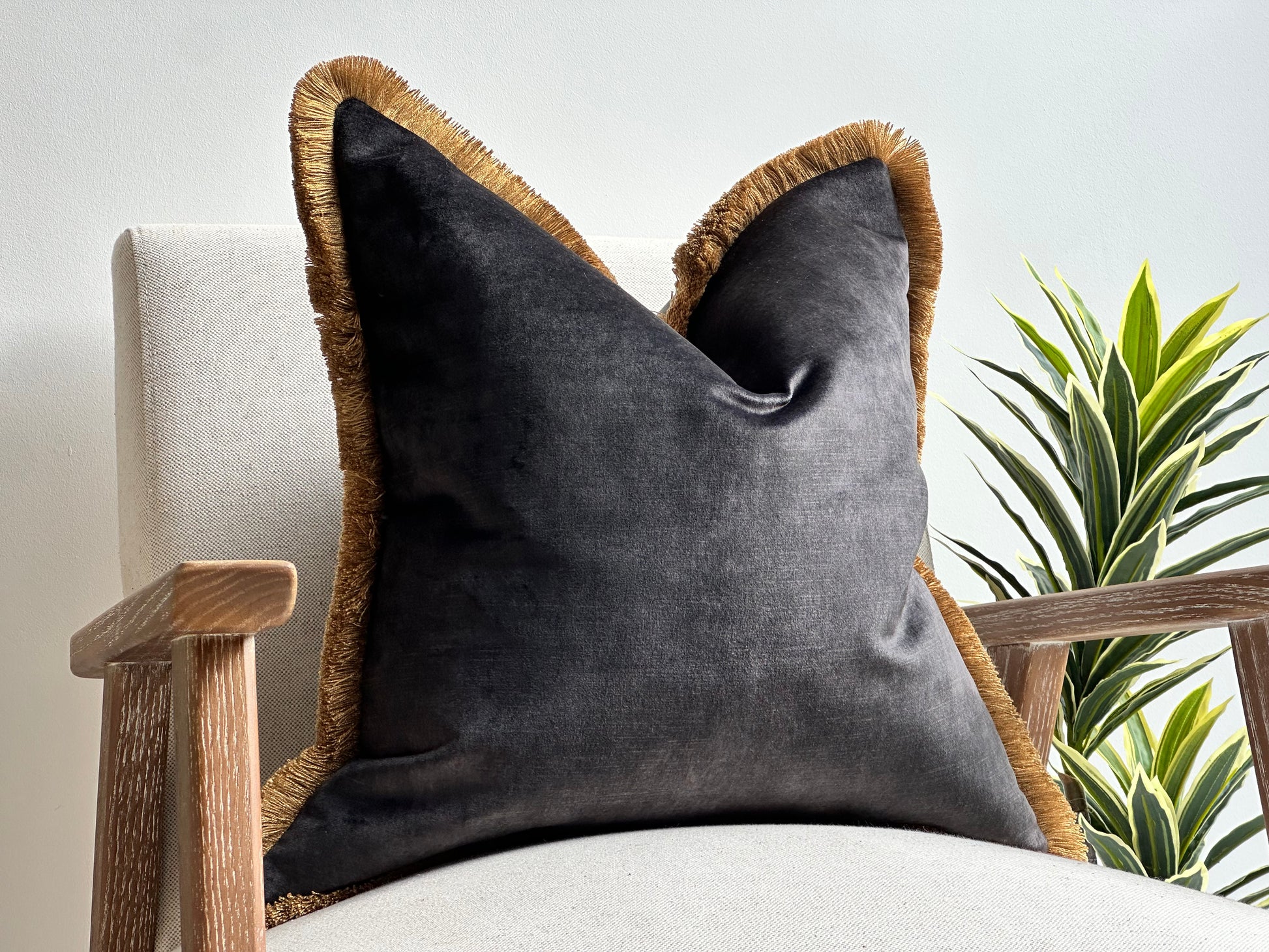 LUXURY CHARCOAL Velvet Cushion Fringed Piped