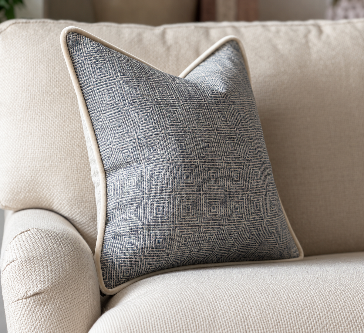 Luxury blue costal geometric cushion made bespoke in the UK