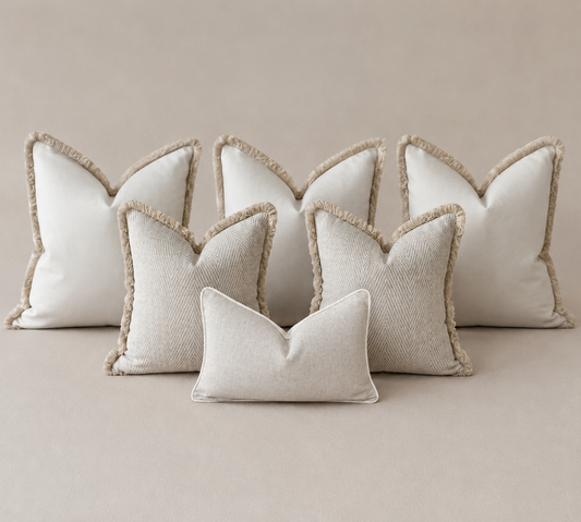 Luxury bed cushion set in ivory and neutral tones available in king and super king sizes.