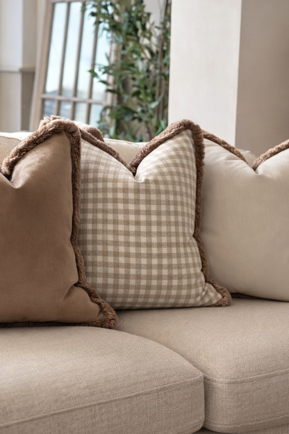 Beige gingham cushion with trim