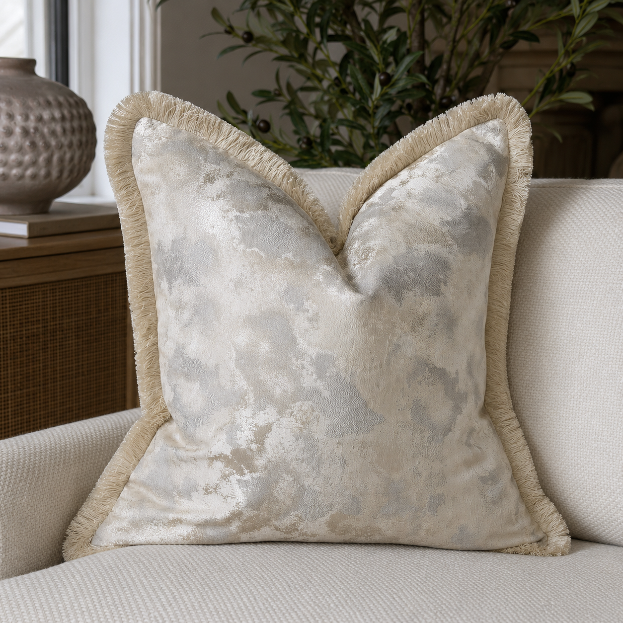 Luxury champagne and ivory cushion with fringe edging, showcasing a textured shimmering fabric and designer-style plump finish in a neutral living room setting.