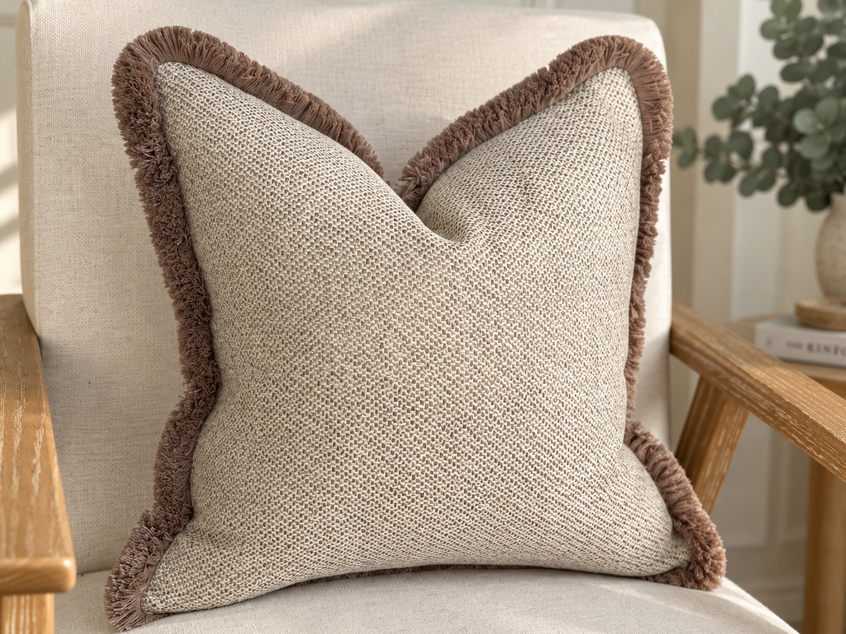 A square decorative throw pillow with a textured warm beige woven fabric and a contrasting brown fringed border, styled on a light beige upholstered armchair in a warm, sunlit room.