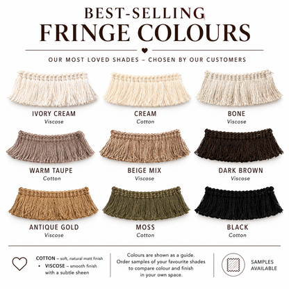The image is a collage of nine different fringe color samples, each with a unique texture and color, arranged in a grid format. The text above the samples reads "BEST-SELLING FRRANGE COLOURS" and below the samples, it says "OUR MOST LOVED SHADES - CHOSEN BY OUR CUSTOMERS". The text also mentions that the colors shown are a guide, and customers can order samples of their preferred shades to compare color and finish in their own space.