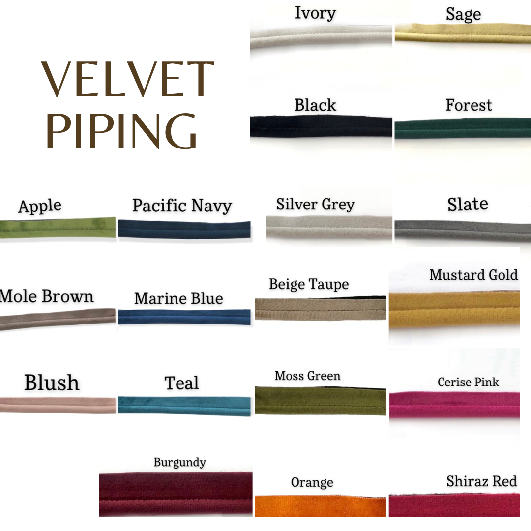 variety of piping trim choices in ivory, sage, black,green, navy, silver, grey,brown, blue, beige, taupe, mustard, gold, pink, teal, green, cerise pink, burgundy, orange and red