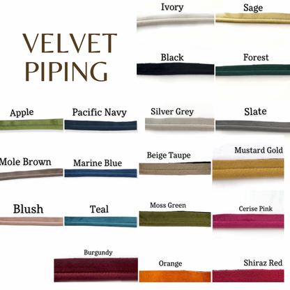 variety of piping trim choices in ivory, sage, black,green, navy, silver, grey,brown, blue, beige, taupe, mustard, gold, pink, teal, green, cerise pink, burgundy, orange and red