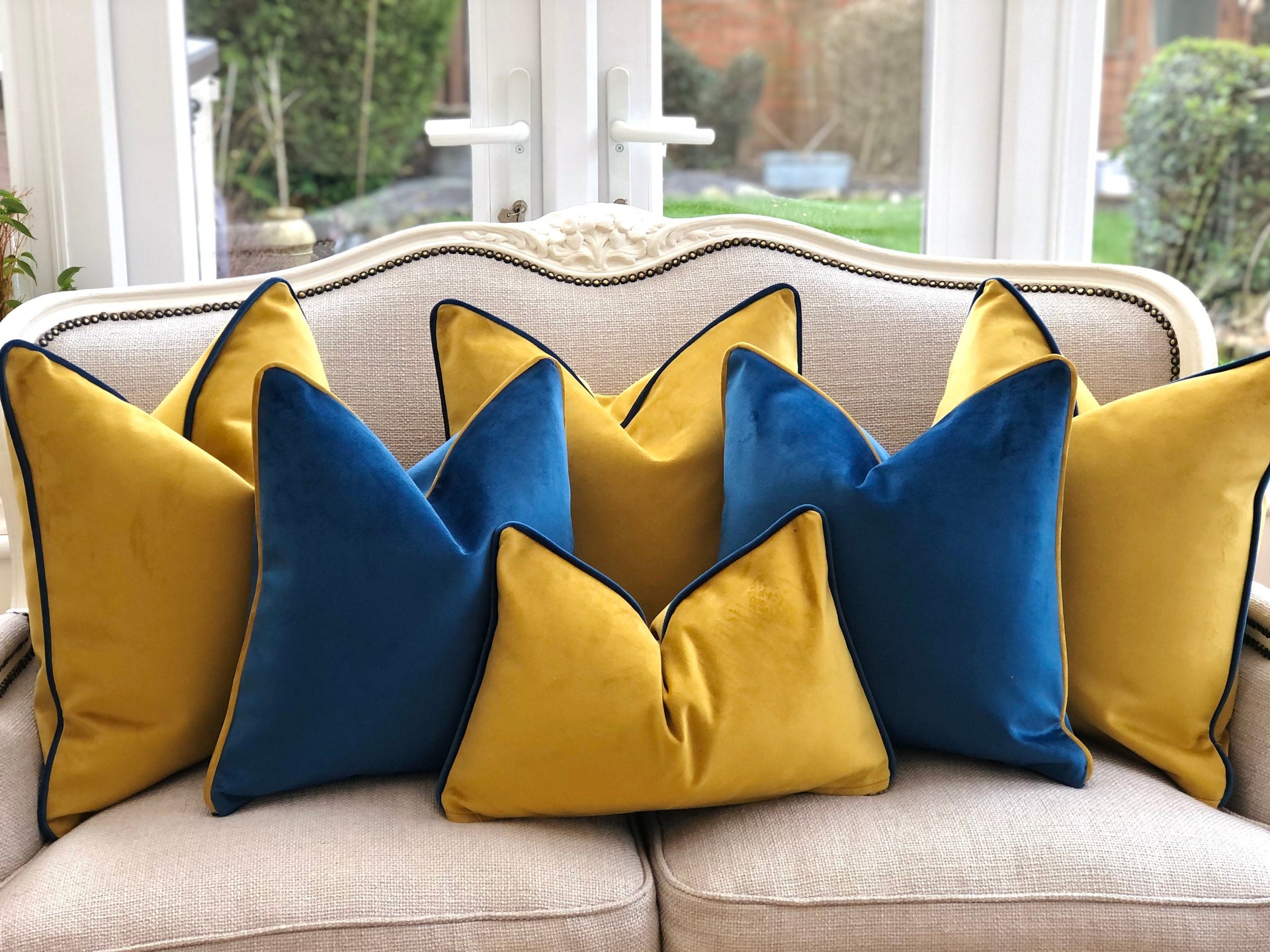 Throw Pillows Blue And Gold Cushion Mustard And Blue Velvet